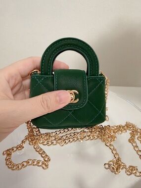 Green Quilted Mini Bag Charm • Velvet Faux Leather Chain Keychain